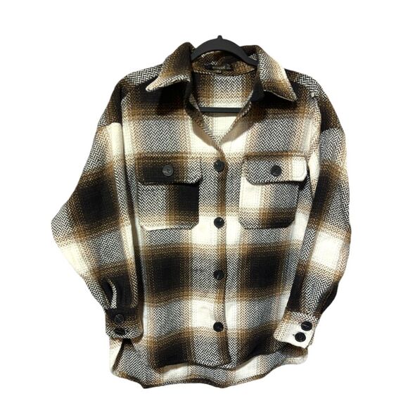Brown Heritage Plaid Flannel Button-Down Med-Weight Cozy Shacket Top (Sm)‎ ~NWOT - Picture 1 of 7